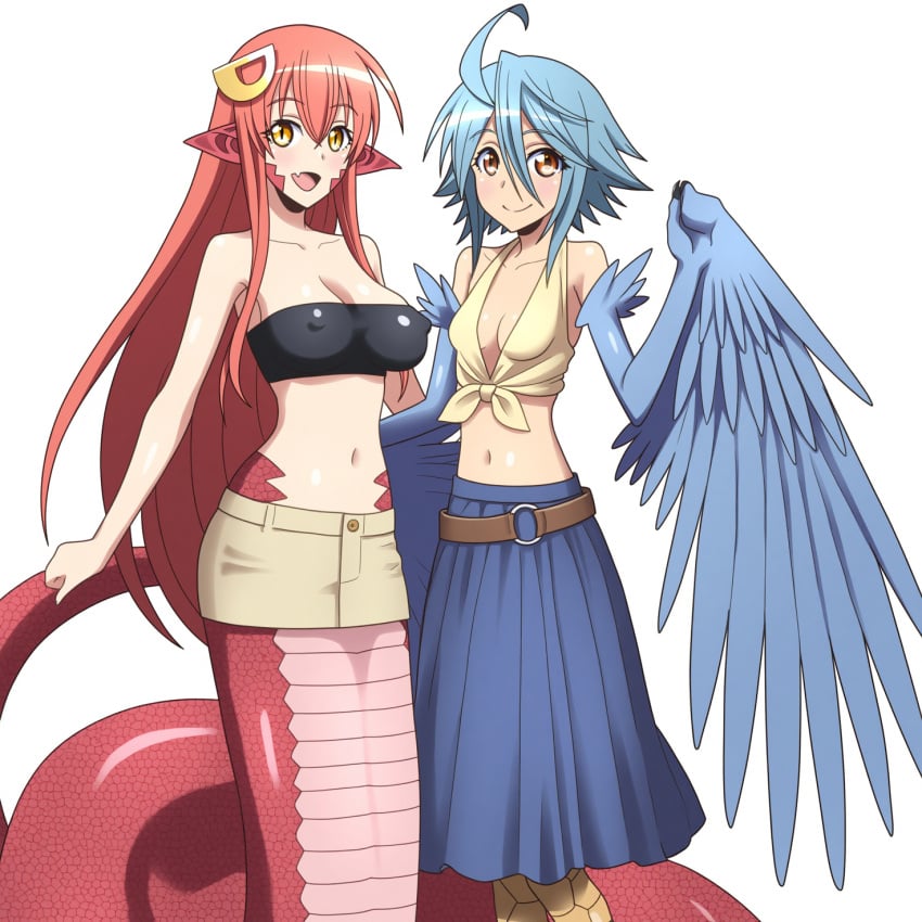 2girls ai_generated aigbrea belt blue_hair clothing_swap feathers hair_ornament harpy lamia large_breasts long_skirt miia_(monster_musume) monster_musume_no_iru_nichijou nipple_bulge papi_(monster_musume) red_hair scales short_skirt shoulders small_breasts tagme tubetop yellow_eyes