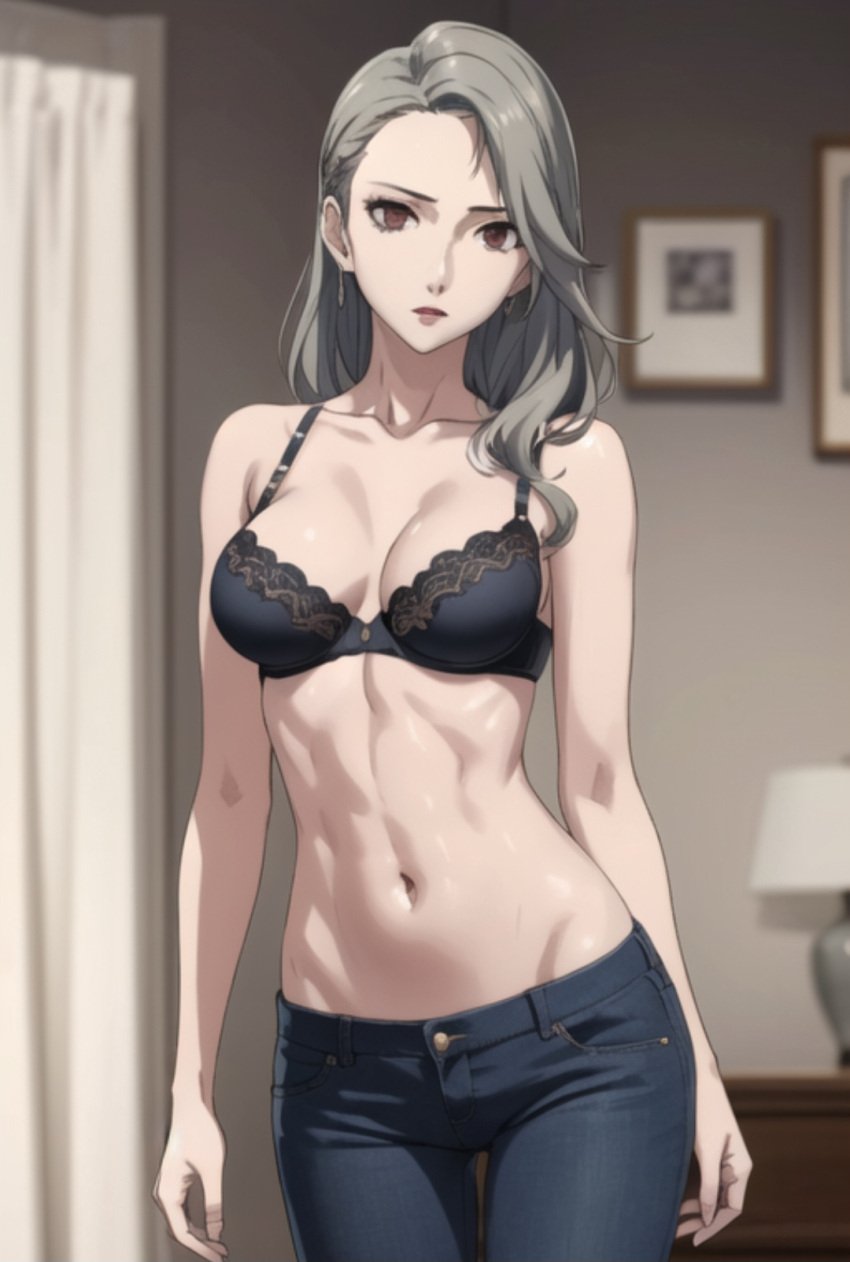 ai_generated athletic_female bra jeans persona persona_5 sae_niijima undressed