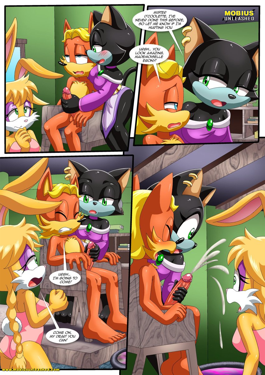 1boy 2girls anthro antoine_d'coolette balls bbmbbf blush bunnie_rabbot comic cum cumshot ebony_the_cat erection female handjob how_many_times_per_day_(comic) male male/female masturbation mobius_unleashed palcomix penis sega sonic_(series) sonic_the_hedgehog_(series)