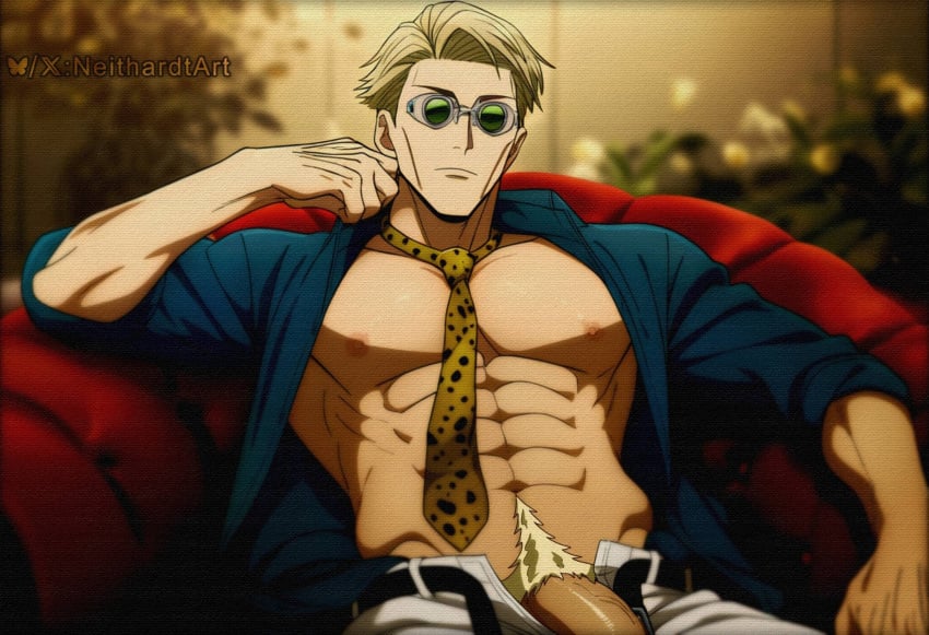 1boy abs ai_assisted ai_generated belt big_penis blonde_hair goggles indoors jujutsu_kaisen kento_nanami male male_focus male_only muscular muscular_male necktie neithardtart nipples pants partially_clothed pecs penis pubic_hair shirt short_hair solo solo_focus solo_male