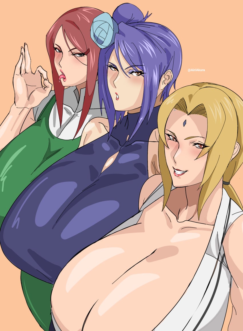 3girls airi_akura apron big_breasts black_eyes blonde_hair blue_hair blush breast_focus brown_eyes cleavage clothing eyeshadow fellatio_gesture female female_only flower flower_in_hair forehead_jewel gesture green_apron hair_ornament huge_breasts konan large_breasts lips lipstick long_hair looking_at_viewer mature mature_female mature_woman milf mother naruto naruto_(series) purple_eyeshadow red_hair red_lips red_lipstick smile tongue tongue_out tsunade upper_body uzumaki_kushina