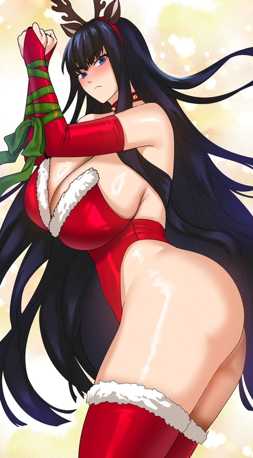 2024 big_ass big_breasts black_hair blue_eyes blush christmas christmas_outfit kill_la_kill kiryuuin_satsuki pale-skinned_female pale_skin ryuukusnpaiarts studio_trigger tagme tied_up