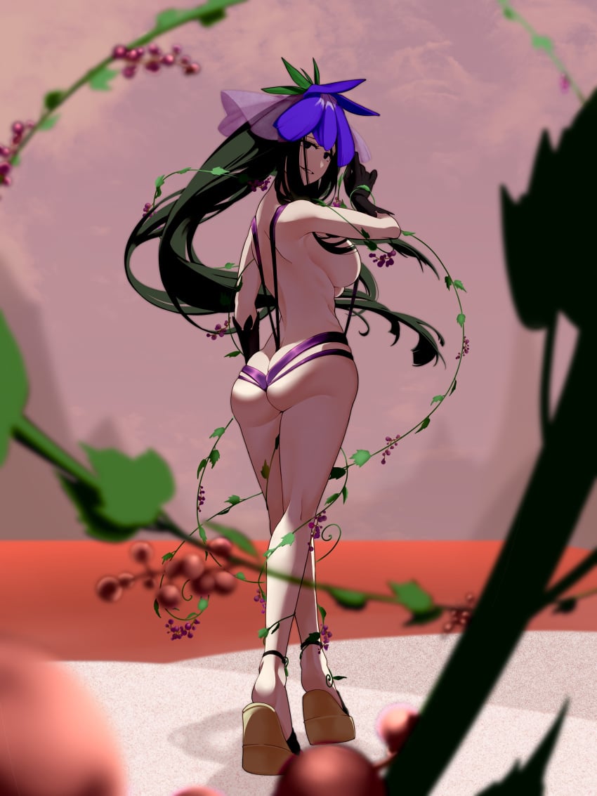 1girls 2024 ass black_gloves breasts elbow_gloves full_body gloves grapes head_ornament hi_you_(flying_bear) long_hair looking_at_viewer looking_back nude slingshot_swimsuit smile solo solo_female toeless_footwear touhou vines yomotsu_hisami