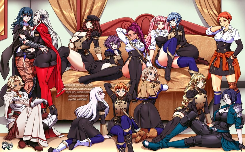 6+girls annette_fantine_dominic ass asymmetrical_hair bedroom belt bernadetta_von_varley black_hair blonde_hair blue_eyes brown_hair byleth_(fire_emblem) byleth_(fire_emblem)_(female) cape catherine_(fire_emblem) choker cleavage clothes_pull deep_skin dorothea_arnault edelgard_von_hresvelg fire_emblem fire_emblem:_three_houses garreg_mach_monastery_uniform grabbing_another's_ass green_belt green_jacket groping hair_ribbon hilda_valentine_goneril ingrid_brandl_galatea jacket jadenkaiba large_breasts leonie_pinelli lysithea_von_ordelia marianne_von_edmund medium_breasts mercedes_von_martritz multiple_girls nintendo pantyhose patterned_legwear petra_macneary purple_eyes purple_ribbon red_cape red_pantyhose ribbon shamir_nevrand shirt short_hair shorts side_cape small_breasts smile teal_hair teasing thick_thighs thighhighs thighs white_hair yuri