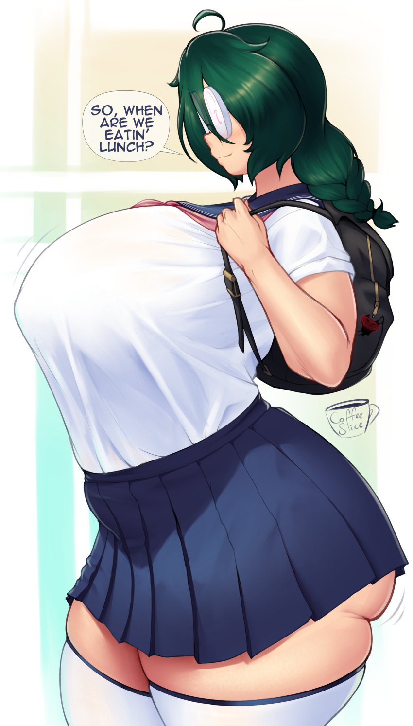 ahoge artist_name backpack bag blush braid braided_ponytail breasts coffeeslice cowboy_shot english_text female female_focus from_side glasses gluteal_fold green_hair highres huge_breasts medium_hair motion_lines nerd_(coffeeslice) original school_uniform serafuku shirt signature skindentation skirt solo speech_bubble standing thick_thighs thighhighs thighs white_shirt white_thighhighs wide_hips zettai_ryouiki