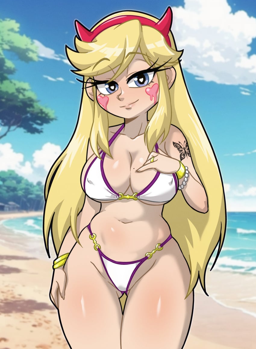 1girls big_breasts bikini blonde_hair blue_eyes centinel303 curvy headband jewelry long_hair smile star_butterfly star_vs_the_forces_of_evil swimsuit tattoo voluptuous