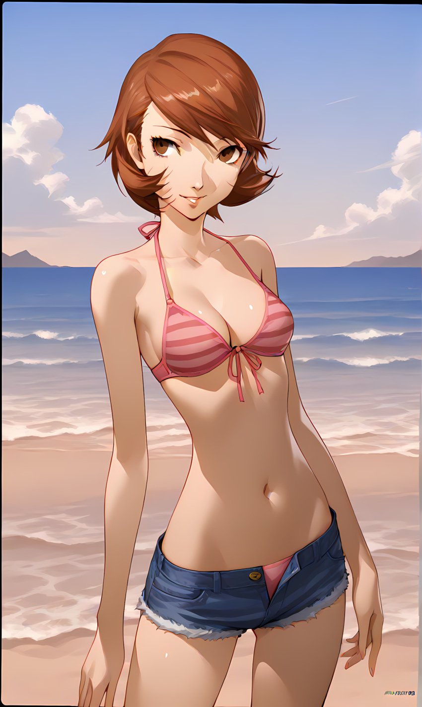 ai_generated athletic_female auburn_hair beach bikini denim_shorts happy persona persona_3 shorts slim_waist swimsuit unbuttoned_shorts yukari_takeba