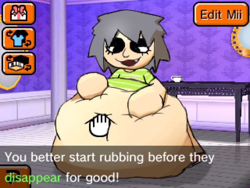 mii rubbing_belly same_size_vore smile soft_vore struggling struggling_prey text tomodachi_life unwilling unwilling_prey vore vore_belly