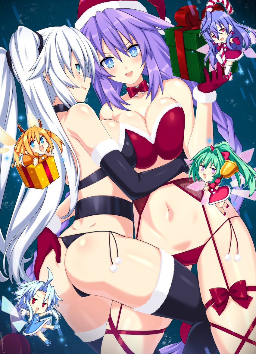 2girls black_heart blanc chibi christmas christmas_lingerie green_heart iris_heart lindaroze multiple_girls neptune_(neptunia) neptunia_(series) noire orange_heart plutia presents purple_heart_(neptunia) tagme uzume_tennouboshi vert white_heart white_heart_(neptunia)