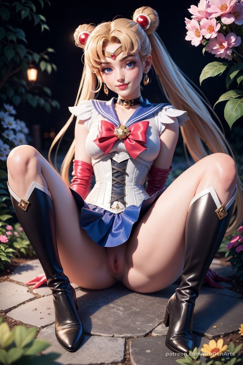 1girls ai_generated artist_name bishoujo_senshi_sailor_moon blonde_hair blue_eyes blue_sailor_collar blue_skirt boots bow bowtie breasts brooch choker circlet collarbone crescent crescent_earrings double_bun earrings elbow_gloves flower full_body gloves hair_bun heart_choker hi_res high_heel_boots high_heels jewelry knee_boots lips long_hair looking_at_viewer m_legs magical_girl miniskirt night no_panties nose outdoors parted_bangs parted_lips pleated_skirt progenarts pussy red_bow red_bowtie sailor_collar sailor_moon sailor_moon_redraw_challenge_\(meme\) sailor_senshi_uniform sitting skirt solo spread_legs tsukino_usagi twintails uncensored upskirt usagi_tsukino very_long_hair web_address