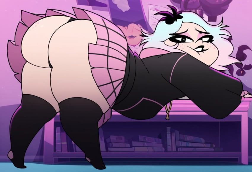 ai_generated big_ass biting_lip emberlynn_pinkle emberlynn_pinkle_(human_form) helluva_boss looking_at_viewer short_skirt thick_thighs thighhighs thong