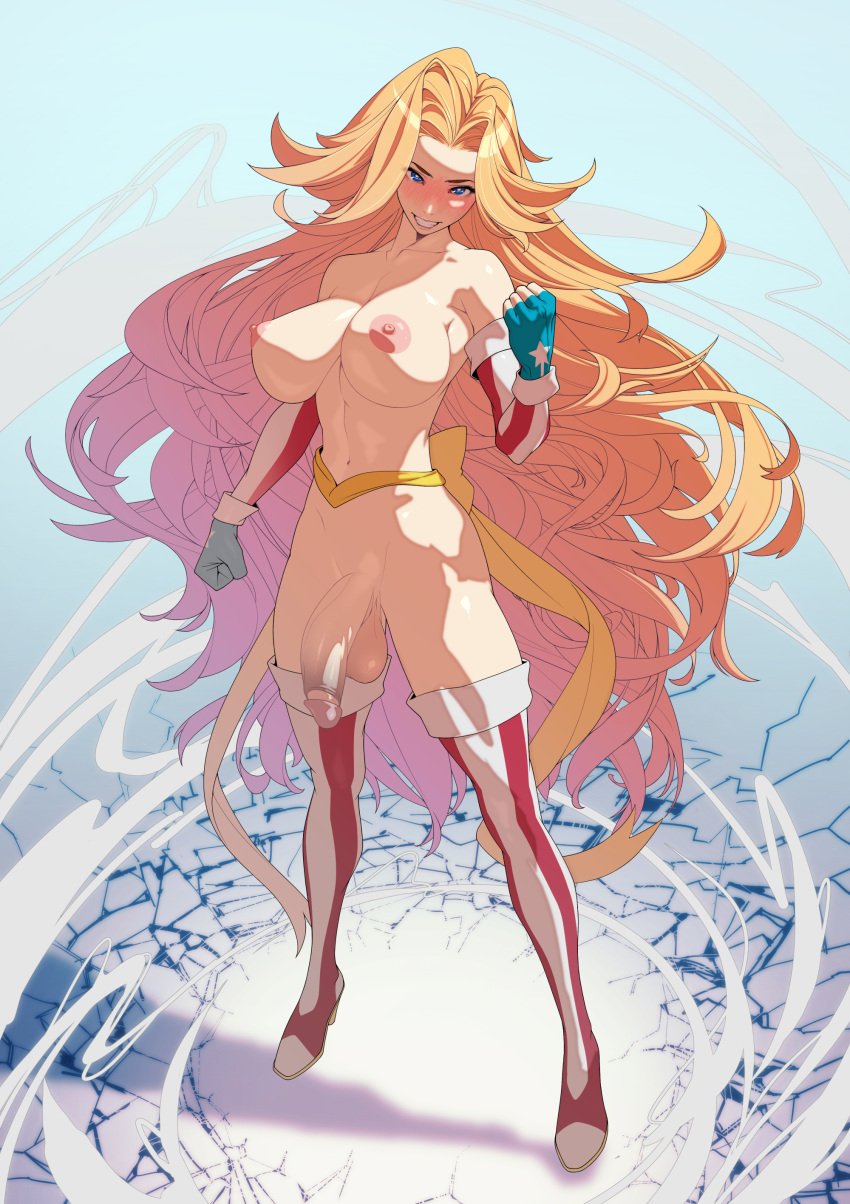 1futa areolae balls big_ass big_breasts big_penis blonde_hair breasts bulge bulge_through_clothing dickgirl flaccid futa_only futanari huge_breasts human kamen_america kamen_america_(character) kamen_america_(series) light-skinned_futanari light_skin long_hair nipples nude penis pose posing smiling_at_viewer smirk solo standing thighhighs tomoyuki_kotani