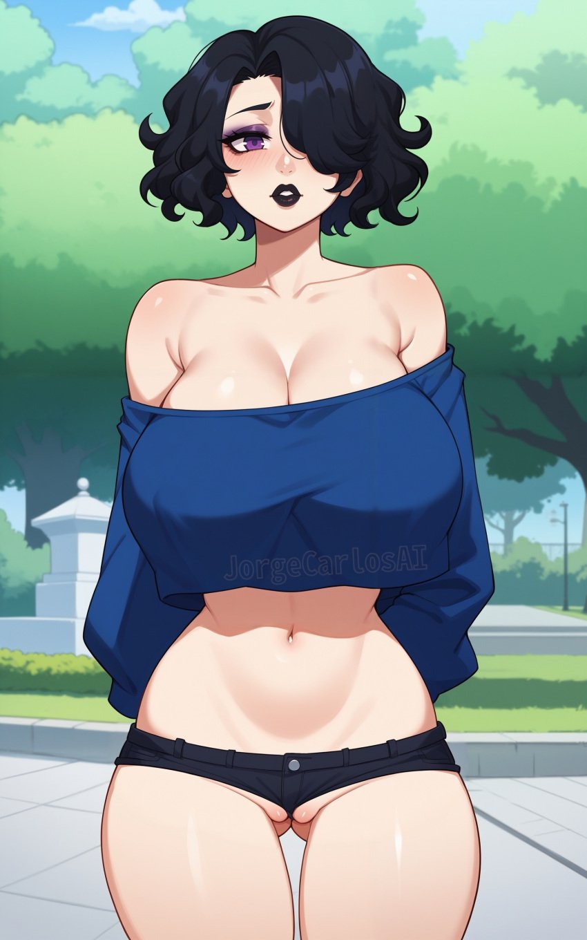 1girls ai_generated arms_behind_back ass_visible_from_the_front big_ass black_hair black_lips black_lipstick blue_shirt blue_topwear blush breasts breasts breasts busty busty_female cleavage covered_nipples curly_hair cute cute_expression cute_face cute_girl female female female_focus female_only flossing girl goth goth_girl gothic_girl gothified hair_covering_eye hair_over_one_eye hands_behind_back hourglass_figure huge_boobs huge_breasts huge_breasts jorgecarlosai lipstick loose_clothes loose_shirt makeup navel nipple_bulge outdoors park purple_eyes purple_eyeshadow purple_makeup short_hair short_shorts shorts shy shy_expression slut slutty slutty_clothing standing tall tall_female thighs toned toned_body toned_female watermark