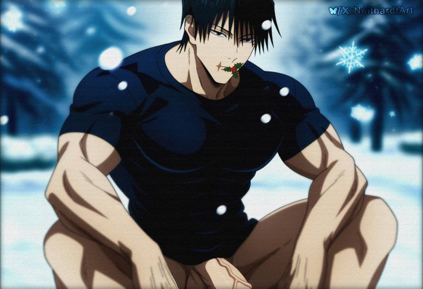 1boy ai_assisted ai_generated balls big_penis black_hair jujutsu_kaisen male male_focus male_only muscular muscular_male neithardtart outdoors partially_clothed penis shirt short_hair solo solo_focus solo_male toji_fushiguro veiny_penis