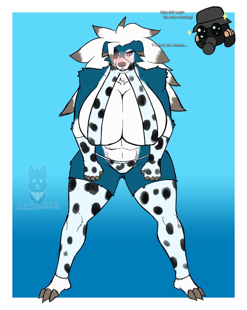 big_breasts breasts cleavage cow_print female furry huge_breasts lycanroc pokemon pokemon_(species) sirlewdwolf tagme thick_thighs wide_hips