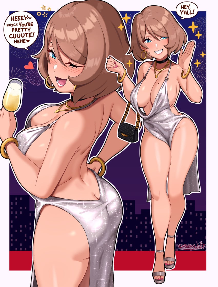 1girls ass ass_cleavage back_view bag blush breasts butt_crack cleavage dialogue dress drunk evalynn_(sarukaiwolf) heels mole new_year original_character ring sarukaiwolf short_hair solo speech_bubble text thighs wine wristband