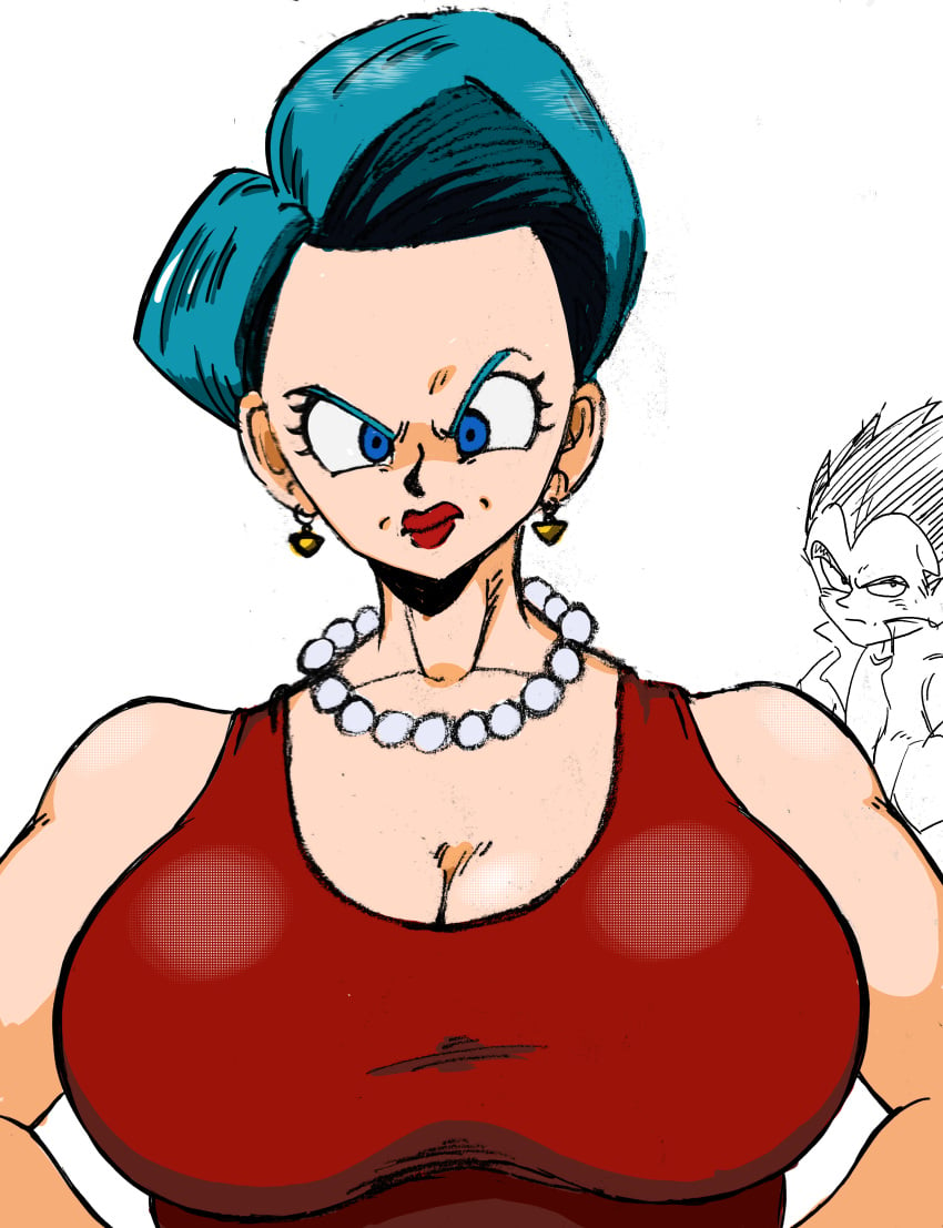 angry annoyed blue_eyes blue_hair bulma_briefs dragon_ball_z huge_breasts jewelry milf red_lipstick vegeta weener72