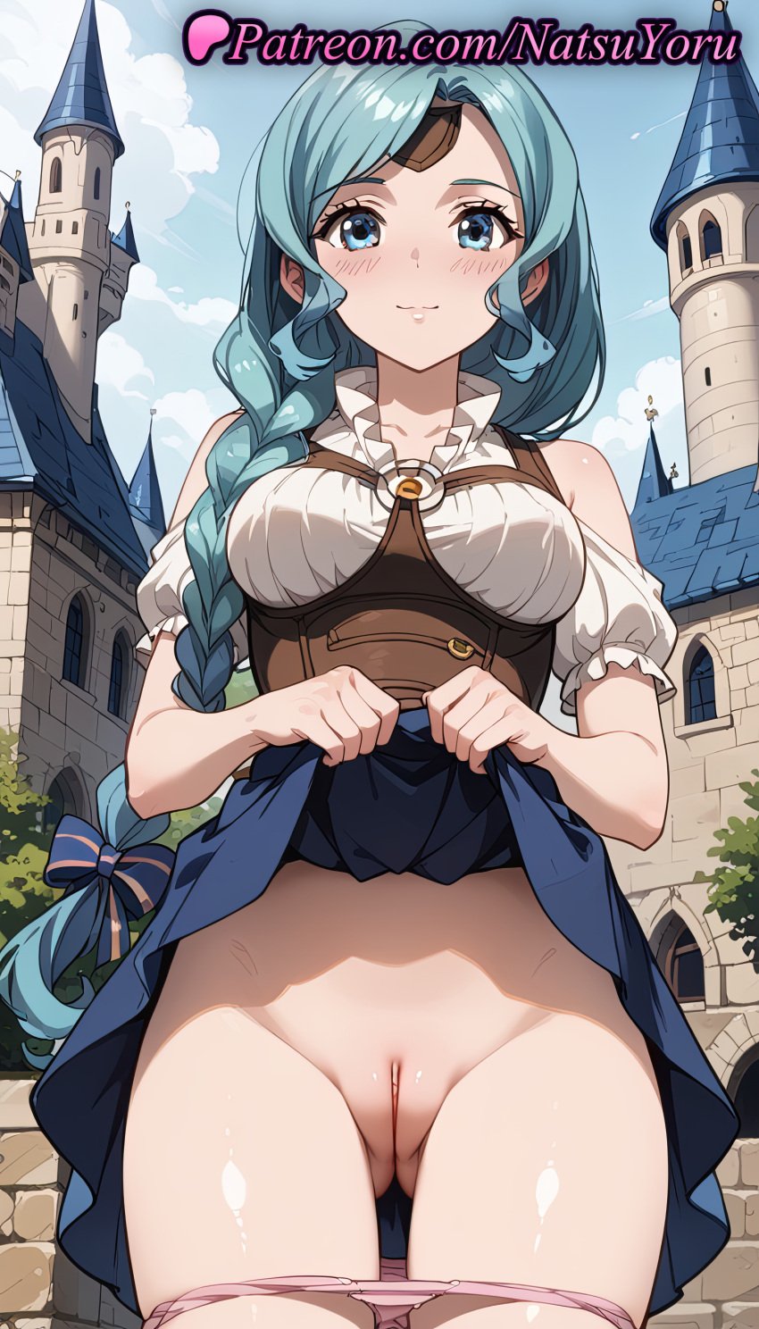 1girls ai_generated anime anime_style aqua_hair ass_visible_through_thighs bangs bare_shoulders between_breasts blouse blue_bow blue_eyes blue_hair blue_skirt blue_sky blush bow braid braided_ponytail breasts brick_wall building bust busty castle circlet cleft_of_venus closed_mouth clothes_lift clothing_cutout cloud cowboy_shot day exhibitionism female female_focus female_only frilled_shirt frilled_sleeves frills hair_over_shoulder hairbow harness hentai lifted_by_self long_hair looking_at_viewer medium_breasts natsuyoru non-asian outdoors paipan panties pantsu panty_pull pink_panties public_indecency puffy_short_sleeves puffy_sleeves pussy shaved_vagina shirt short_sleeves shoulder_cutout single_braid skirt skirt_lift sky smile solo solo_female standing tate_no_yuusha_no_nariagari the_rising_of_the_shield_hero therese_alexanderite thigh_gap thighs uncensored underwear vagina very_long_hair voluptuous voluptuous_female white_shirt