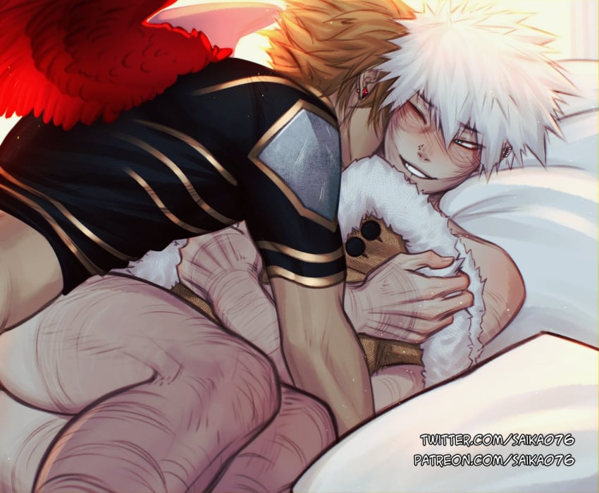 2boys blonde_hair boku_no_hero_academia dabi feathered_wings gay hawks_(my_hero_academia) keigo_takami my_hero_academia red_wings saika076 scars shirt_only touya_todoroki white_hair wings yaoi