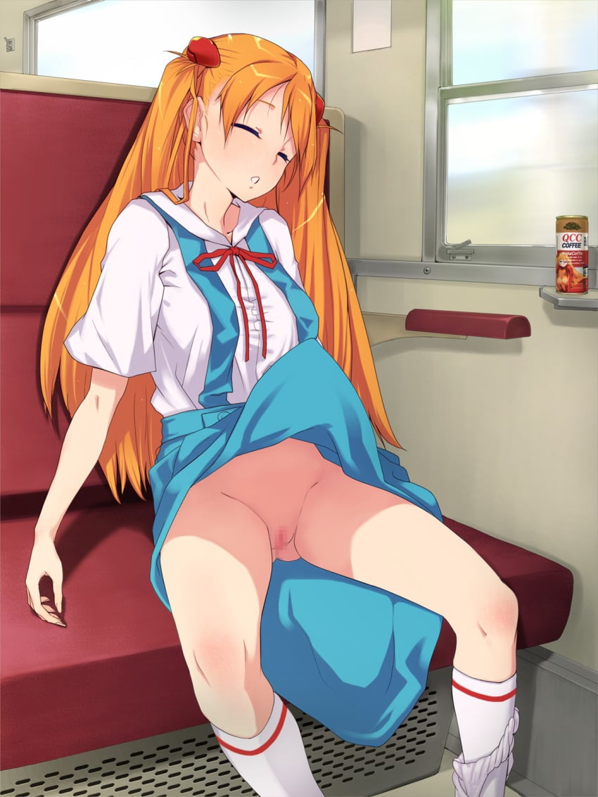 asuka_langley_sohryu bow can censored closed_eyes clothes clothing coffee colored_eyelashes eyelashes female female_only footwear hair hair_ornament highres human long_hair neon_genesis_evangelion no_panties orange_hair panties panties_around_leg panties_around_one_leg pink_doragon pussy school_uniform sitting skirt skirt_lift sleeping sleeping_upright socks solo train train_interior ucc_coffee underwear