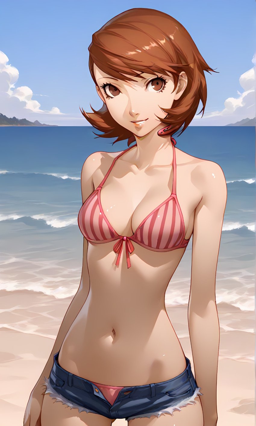 ai_generated athletic_female auburn_hair beach bikini denim_shorts happy persona persona_3 shorts skinny slim_waist swimsuit unbuttoned_shorts yukari_takeba