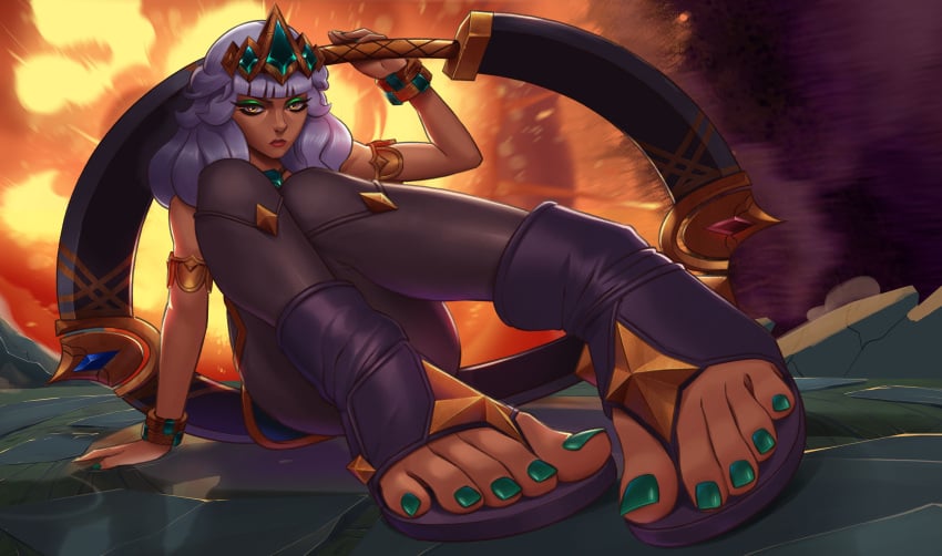 1female 1girls dark-skinned_female dark_skin feet feet_focus foot_fetish foot_focus green_eyeshadow green_nail_polish league_of_legends lidded_eyes medium_hair mohoshadream nail_polish open_toe_footwear open_toe_shoes qiyana_yunalai solo_female toes white_hair yellow_eyes