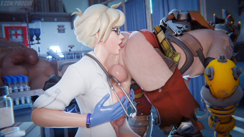 1boy 1girls 2boys amputee big_ass big_balls big_belly big_breasts big_butt big_penis double_amputee female junkrat male male/female mercy overwatch overwatch_2 partially_clothed piroguh prosthetic prosthetic_arm prosthetic_leg prosthetic_limb rimjob rimming rimming_male roadhog straight tattoo titjob