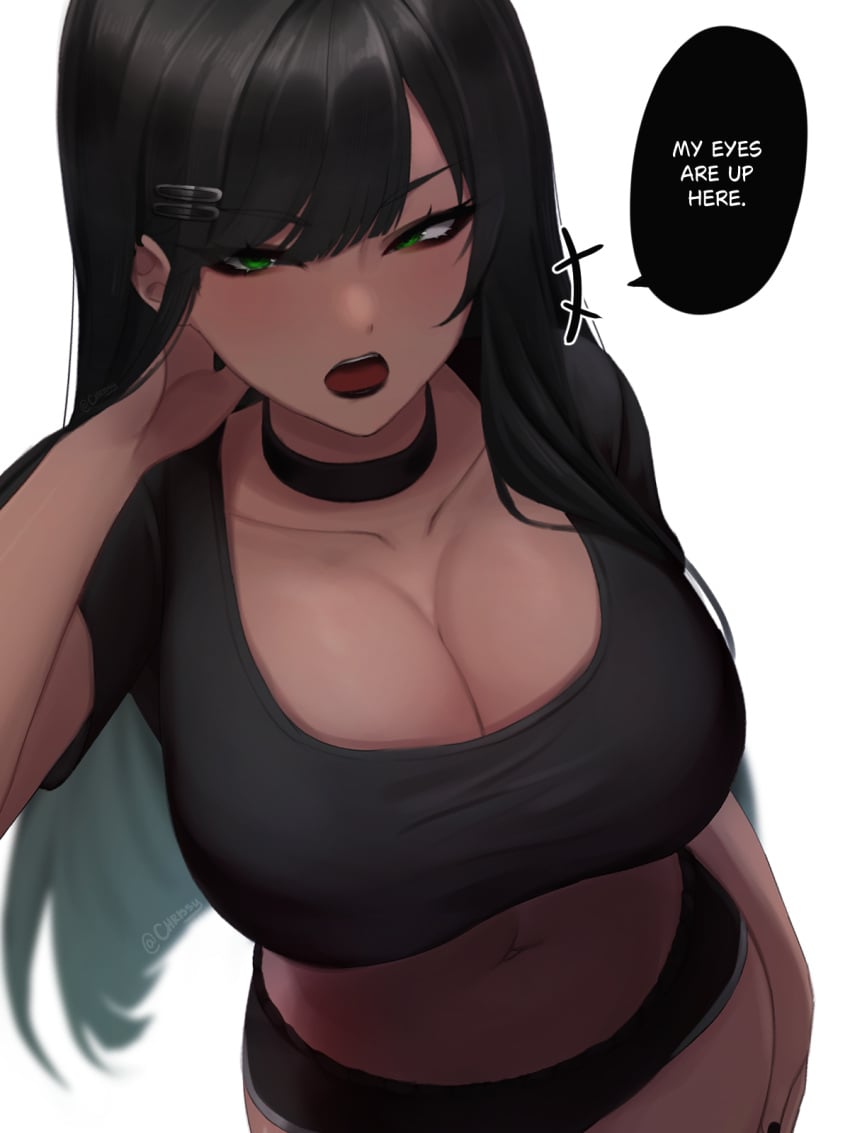 1girls black_hair black_lips black_lipstick breasts busty choker cleavage english_text female female_only green_eyes huge_breasts looking_at_viewer makeup midriff original original_character shirt shorts solo talking_to_viewer