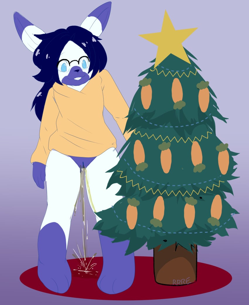 anthro blue_eyes blue_hair bodily_fluids bottomless carrot christmas christmas_tree clothed clothing digital_media_(artwork) dipstick_ears ear_markings eyewear female food genital_fluids genitals glasses hair hi_res holidays lagomorph leporid mammal markings multicolored_ears peeing plant pussy rabbit raveneevee simple_background smile solo standing topwear tree urine urine_stream vegetable watersports white_body