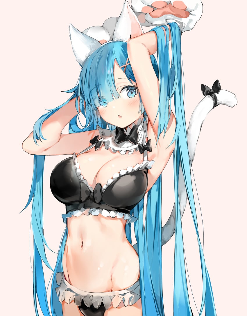 alternate_hair_length alternate_hairstyle armpits arms_up bare_arms bare_belly bare_shoulders belly_button big_breasts black_bra black_panties blue_eyes blue_hair bra breasts cat_ears cat_tail catgirl cleavage detached_collar groin long_hair oerba_yun_fang panties paw_gloves re:zero_kara_hajimeru_isekai_seikatsu rem_(re:zero) silver_(chenwen) underwear underwear_only