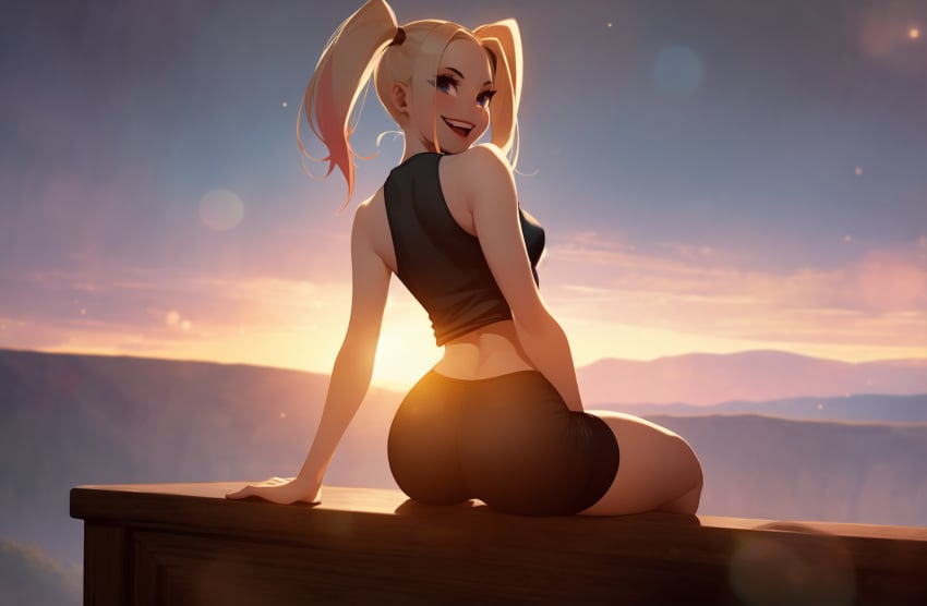 1girls ai_generated black_shorts blonde_hair blue_eyes crazy_smile dc_comics detailed_background female from_behind harley_quinn her_brother_drives_a_subaru looking_back mountain outdoors petite petite_female self_upload shorts sitting smile stable_diffusion sunset twintails