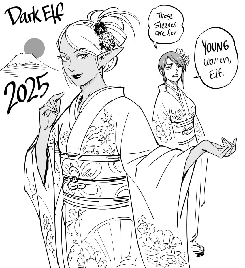 2girls absurd_res bb_(baalbuddy) dark-skinned_female dark_elf dark_skin dialogue elf elf_ears elf_female english_text female female_only greyscale japanese_clothes kimono looking_at_viewer monochrome new_year new_year_2025 smile smiling_at_viewer speech_bubble text white_background