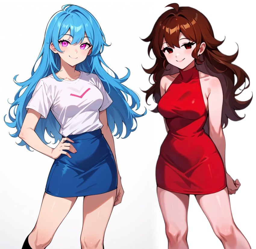 2female 2girls ai_generated blue_hair brown_hair choose_both friday_night_funkin friday_night_funkin_mod girlfriend_(friday_night_funkin) long_hair pink_eyes red_eyes sky_(friday_night_funkin) solo_female