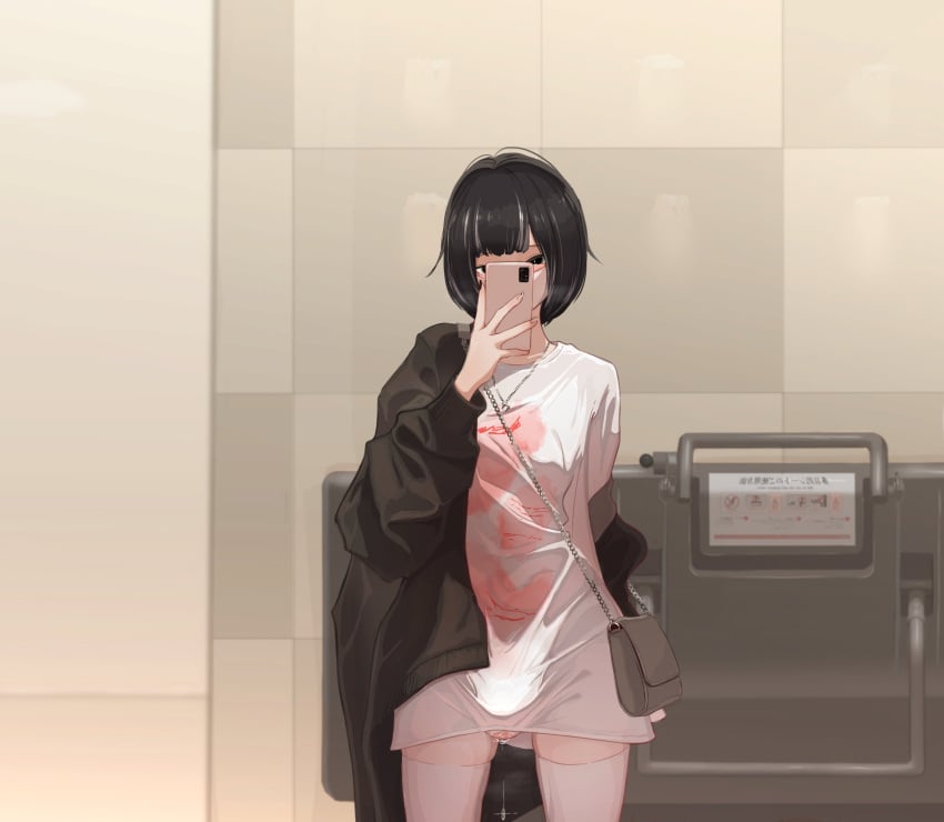 1futa bangs bathroom black_hair breasts bulge bulge_through_clothing clothed clothing facemask futa_only futanari human light-skinned_futanari light_skin mirror mirror_selfie partially_clothed selfie short_hair smartphone solo solo_futa standing tontekiss