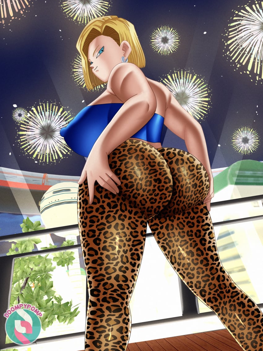 1girls android_18 ass big_ass big_breasts blonde_hair blue_eyes breasts bubble_butt busty crop_top dat_ass doompypomp dragon_ball dragon_ball_z ear_piercing earrings fat_ass female female_only fireworks hands_on_ass hands_on_own_ass huge_ass huge_breasts large_ass large_breasts leopard_print looking_at_viewer looking_back new_year nipple_bulge pants piercing thick_ass thick_thighs wide_hips