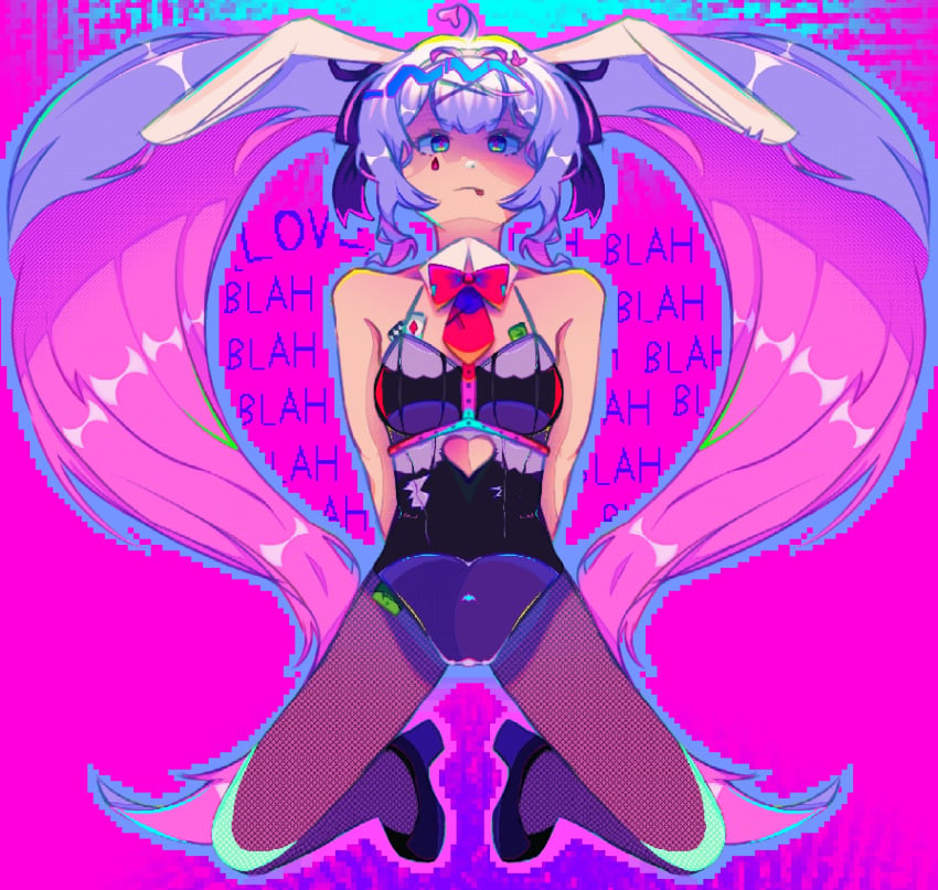 1girls ahoge blue_eyes blue_hair bow bowtie breasts bunny_ears bunny_girl bunnysuit clothed clothing color colorful crouching digital_drawing_(artwork) digital_media_(artwork) female female_focus female_only front_view hands_behind_back hands_tied_behind_back hatsune_miku headband heart heart_shaped_hair heart_symbol human lazy_background licking_lips light-skinned_female light_skin long_hair looking_at_viewer lowres medium_breasts money_under_clothes no_visible_genitalia not_porn pink_hair pink_pupils pixel_art rabbit_hole_(vocaloid) restrained revealing_clothes sfw shiny_clothes simple_background slight_smile solo solo_focus song_lyrics spread_legs text tongue tongue_out twintails twintails_(hairstyle) very_long_hair vocaloid x_hair_ornament