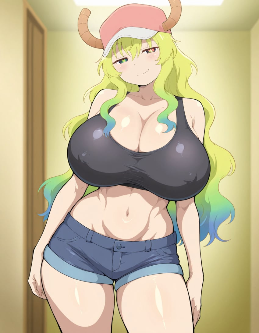 1girls ai_generated breasts covered_nipples cowboy_shot crop_top denim denim_shorts goonedoutp3rv gradient_hair horns huge_breasts kobayashi-san_chi_no_maidragon long_hair looking_at_viewer lucoa mismatched_pupils miss_kobayashi's_dragon_maid multicolored_hair navel quetzalcoatl_(dragon_maid) shirt short_shorts shorts smile smirk solo standing tank_top thighs yellow_hair