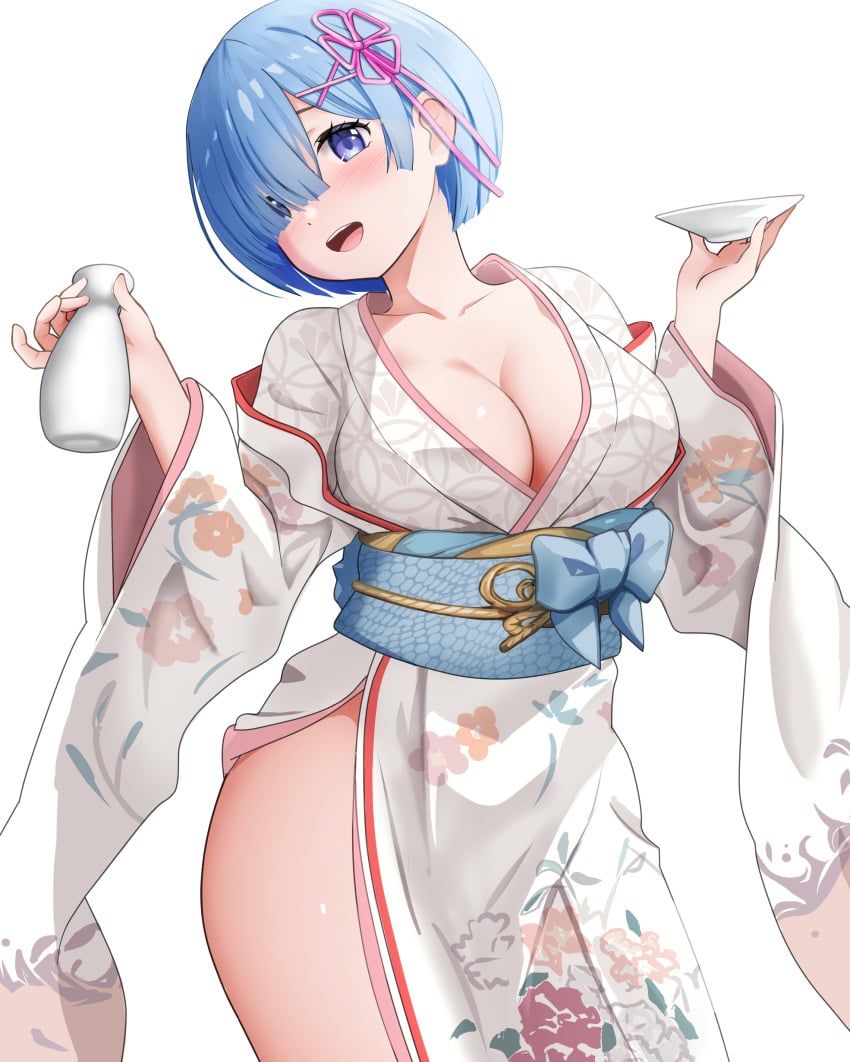 big_breasts blue_eyes blue_hair blush breasts cleavage collarbone gibun_(sozoshu) hair_ornament hair_over_one_eye japanese_clothes kimono obi open_mouth re:zero_kara_hajimeru_isekai_seikatsu rem_(re:zero) sake_bottle shiny_skin short_hair smile thighs