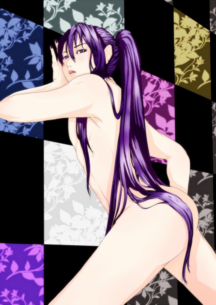 1boy against_wall androgynous ass color gakupo_kamui high_resolution long_hair male male_only matching_hair_and_eyes nail_polish nude purple_eyes purple_hair solo vocaloid