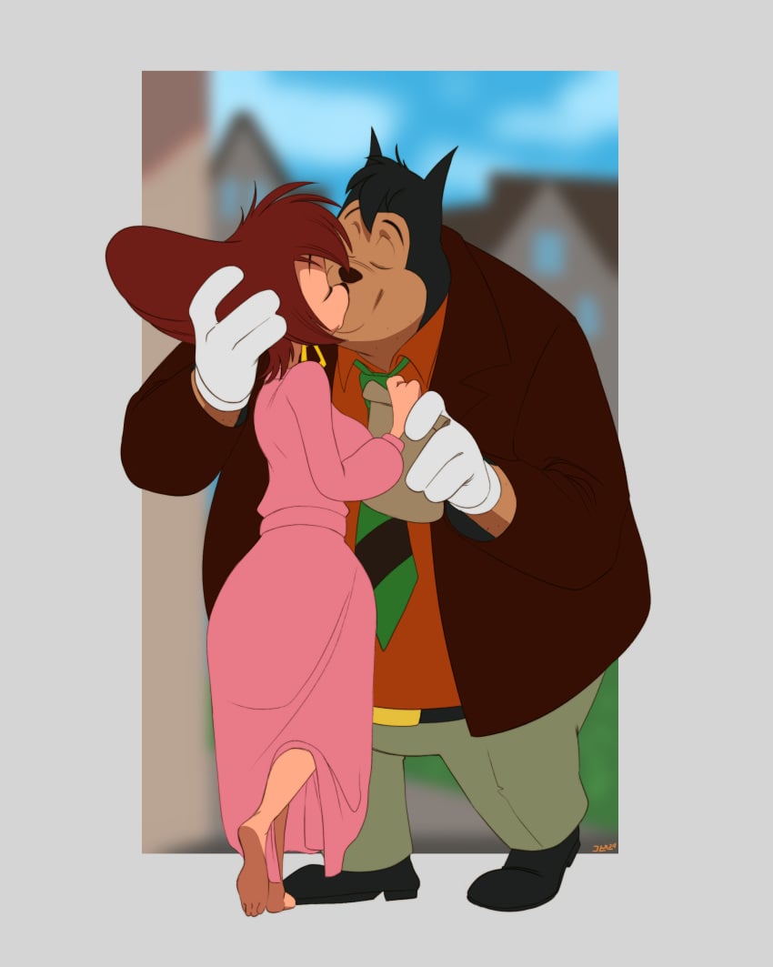 anthro anthro_on_anthro bathrobe bathrobe_only big_ass closed_eyes disney doorway earrings feline_humanoid female female_anthro gold_earrings gold_jewelry goof_troop gray_background high_heels husband_and_wife kissing male_anthro peg_pete peter_pete_sr. red_hair thehumancopier variant_set white_gloves