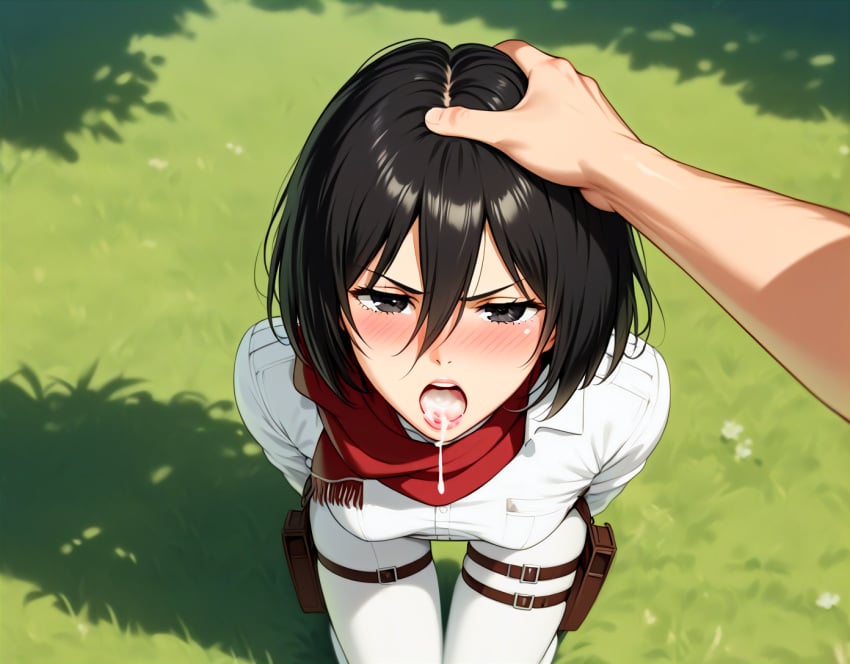 after_fellatio ai_generated attack_on_titan cum_in_mouth eren_jaeger kneeling mikasa_ackerman perfect_body scarf teenage_girl