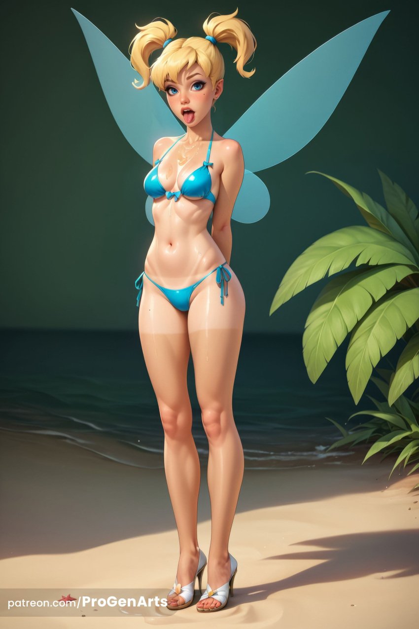 1girls ai_generated arms_behind_back artist_name beach bikini blonde_hair blue_bikini blue_eyes body_freckles breasts cleavage collarbone disney earrings fairy fairy_wings full_body hi_res high_heels jewelry legs looking_at_viewer medium_breasts nail_polish navel open_mouth outdoors peter_pan_(disney) ponytail progenarts sandals short_twintails side-tie_bikini_bottom small_breasts solo standing swimsuit tan tanlines tinker_bell toenail_polish toenails toes tongue tongue_out twintails water web_address wings