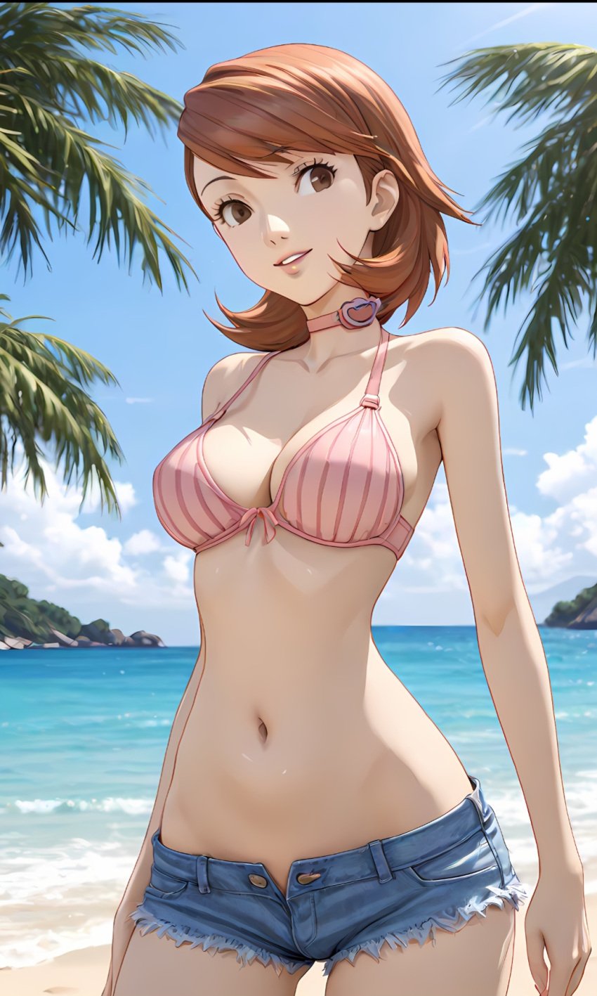 ai_generated anime auburn_hair beach bikini cutoff_shorts daisy_dukes denim_shorts happy persona persona_3 shorts skinny swimsuit yukari_takeba