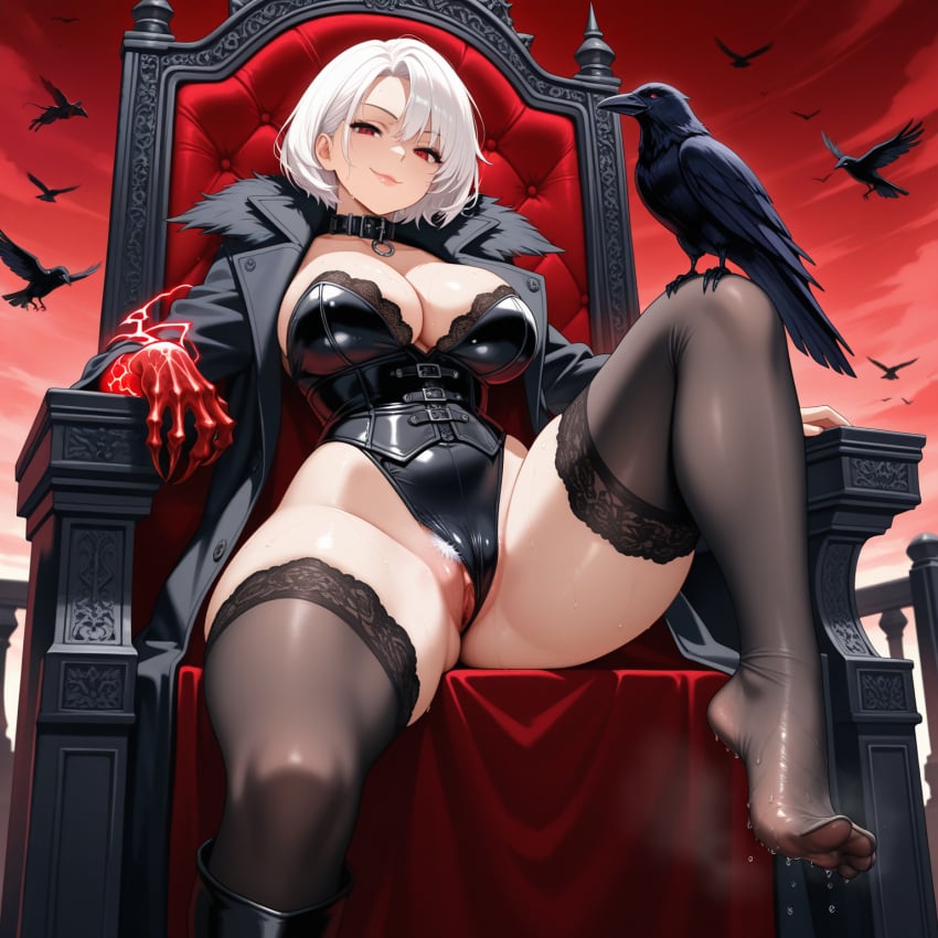 ai_generated belt big_breasts boots corset demon_girl dominant_female femdom foot_fetish footwear jericho_swain latex league_of_legends pandemonick pubic_hair pussy raven_(bird) short_hair sitting_on_throne smiley_face stockings sweat sweaty_foot white_hair