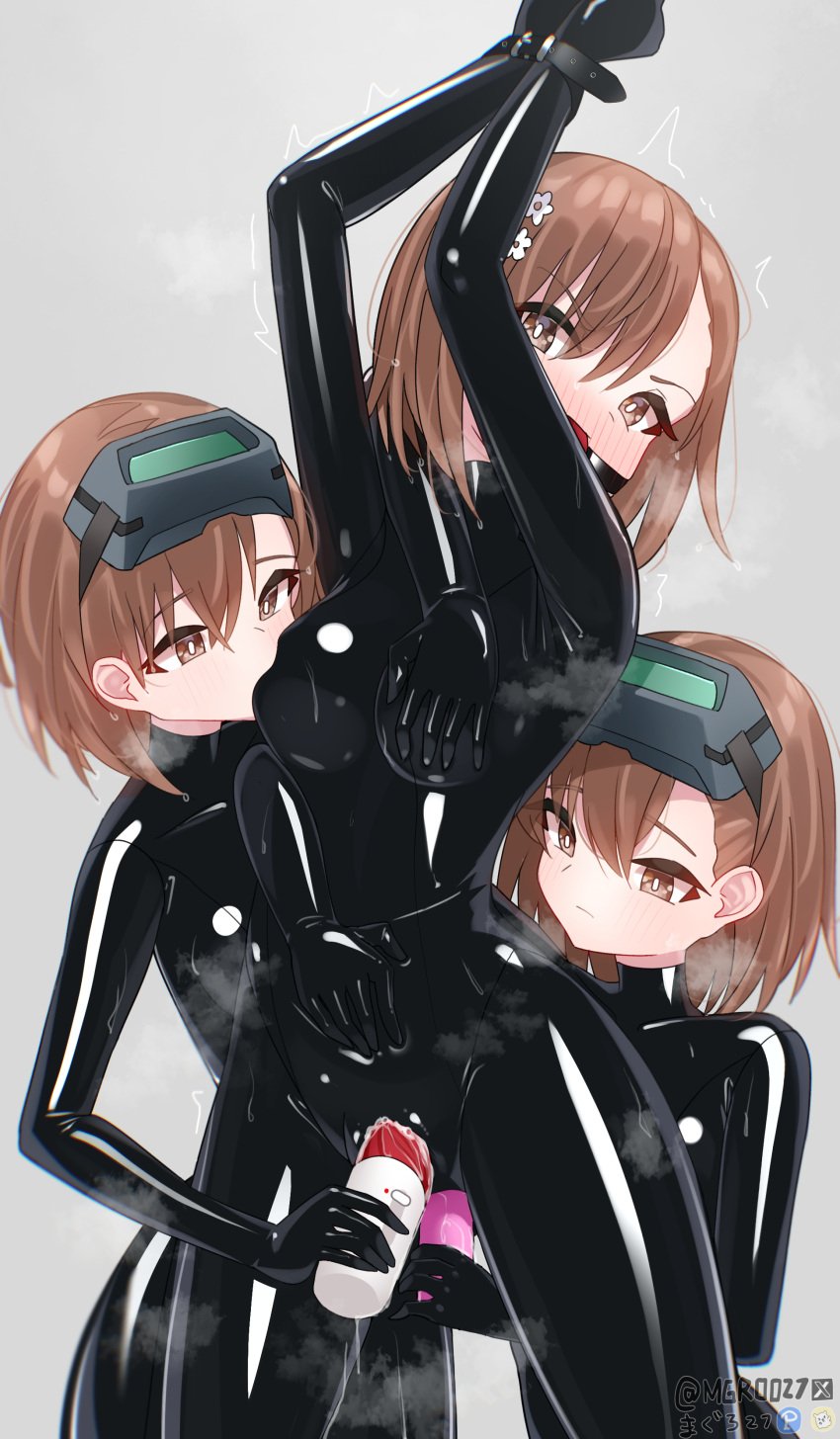 3girls absurdres anal anal_object_insertion ball_gag bodysuit bound bound_wrists breasts brown_eyes clone dildo double_penetration gag head-mounted_display highres latex latex_bodysuit maguro27 medium_breasts medium_hair misaka_imouto misaka_mikoto multiple_girls object_insertion penetration_through_clothes red_hair restrained sex_toy skin_tight toaru_kagaku_no_railgun toaru_majutsu_no_index vaginal_object_insertion vaginal_penetration vibrator yuri