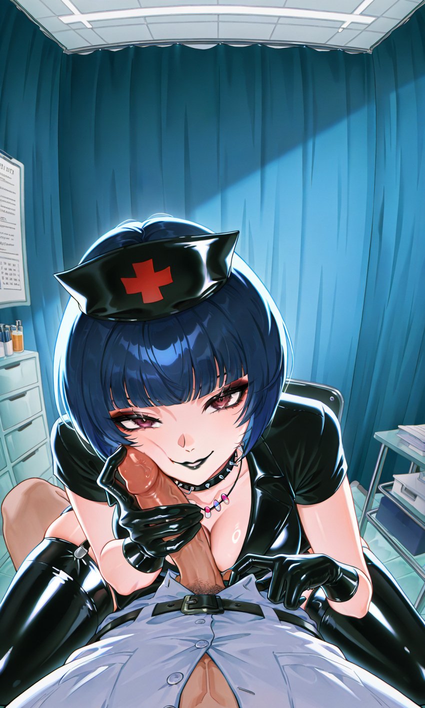 1boy 1woman ai_generated atlus black_latex black_latex_garter_straps black_latex_gloves black_latex_legwear black_latex_thighhighs black_lips black_lipstick blue_hair blunt_bangs bob_cut breasts breasts_squeezed_together brown_eyes cheek_press choker cleavage clinic cock cock_on_face collared_dress covering_urethra curtain dark_blue_hair dark_brown_eyes doctor's_office dominant dominant_female eye_shadow femdom fetish_wear finger_on_penis finger_on_urethra garter_straps gloves gripping gripping_cock half-closed_eyes hospital_cart hospital_room latex latex_armwear latex_boots latex_clothing latex_gloves latex_legwear latex_nurse latex_thighhighs laying_down laying_on_back light_reflection makeup male_pubic_hair medical_examination medical_fetish medical_play megami_tensei navy_blue_hair necklace nurse nurse_cap nurse_clothing nurse_hat nurse_headwear nurse_outfit nurse_uniform partially_clothed partially_clothed_male partially_unbuttoned penis penis_grab penis_on_cheek penis_on_face penis_out penis_pressed_against_face persona persona_5 persona_5_royal pov pov_eye_contact pov_male pressing_against_cheek sega shin_megami_tensei shiny shiny_breasts shiny_clothes shiny_skin short_dress short_hair smile smiling smiling_at_viewer spiked_choker straddling straddling_leg tae_takemi thigh_boots thigh_highs thighhighs thighs veiny_cock veiny_penis white_shirt