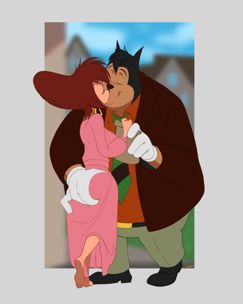 anthro ass_grab bathrobe bathrobe_only big_ass closed_eyes disney doorway earrings feline_humanoid female female_anthro gold_earrings gold_jewelry goof_troop gray_background high_heels husband_and_wife kissing peg_pete peter_pete_sr. red_hair sweater thehumancopier variant_set white_gloves