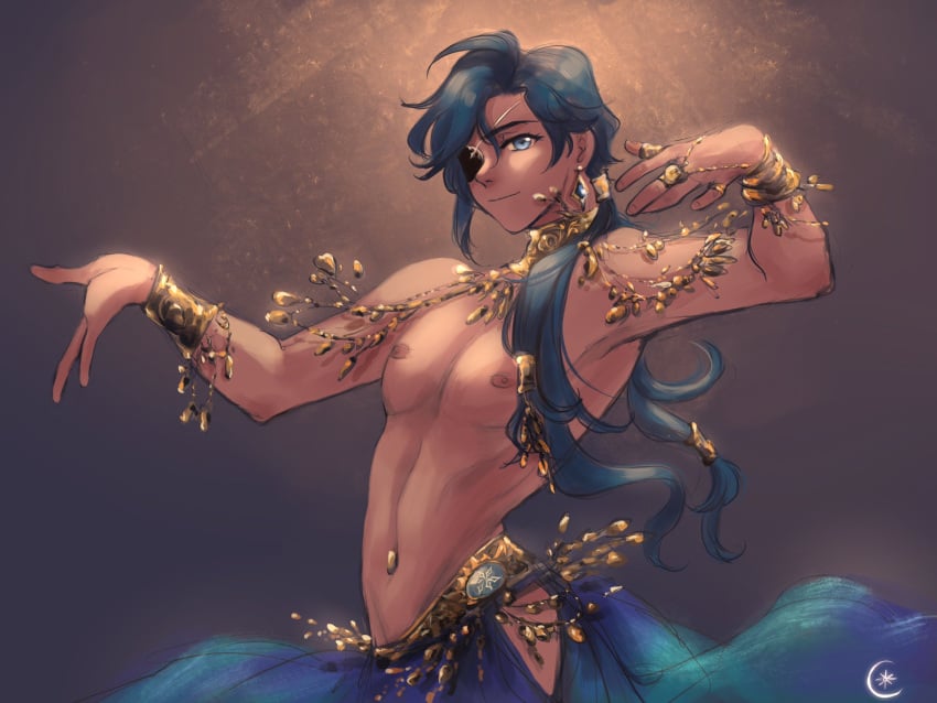 1boy 1femboy belly_dancer belly_dancer_outfit belly_piercing blue_eyes blue_hair dancer_outfit dancing eyepatch femboy genshin_impact jewelry kaeya_(genshin_impact) lots_of_jewelry male male_focus male_only nipples shirtless shirtless_male smile solo_male yaoi