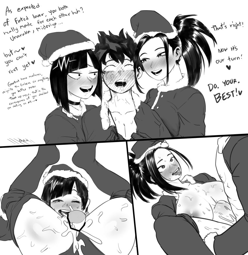 1boy 2girls ahe_gao amano44 ass big_ass big_breasts black_and_white blush breasts cum cum_in_pussy cum_inside english_text izuku_midoriya kyoka_jiro momo_yaoyorozu my_hero_academia nipples santa_costume santa_hat sex smile sweat text tongue tongue_out undressing vaginal_penetration