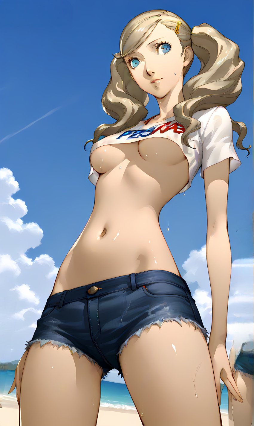 ai_generated ann_takamaki blonde_hair blue_eyes cropped_shirt midriff persona persona_5 shorts skinny sweat underboob